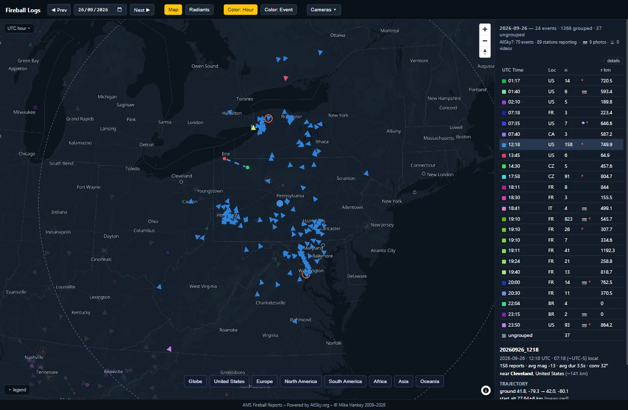The Fireball Event Viewer on September 26, 2026: eyewitness reports over the northeastern United States, with the 12:18 UTC event selected