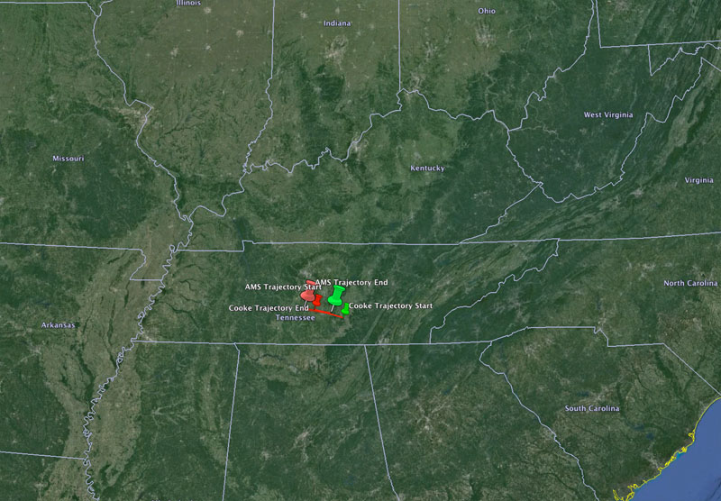 Tennessee Fireball Trajectory - December 17th, 2013