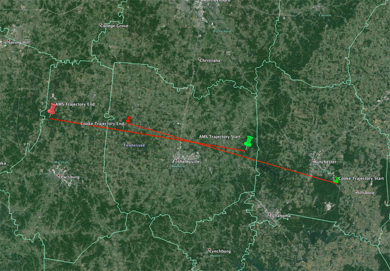 Tennessee Fireball Trajectory - December 17th, 2013