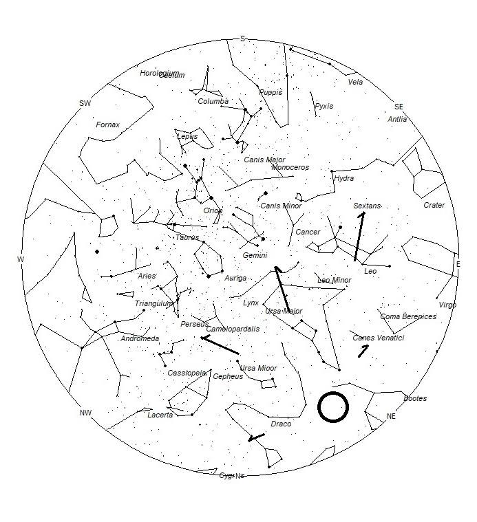 The sky at midnight local standard time as seen from 40 degrees north latitude