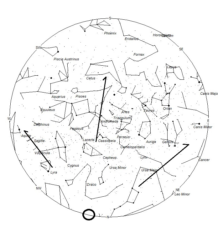The sky at 21:00 local standard time as seen from 40 degrees north latitude